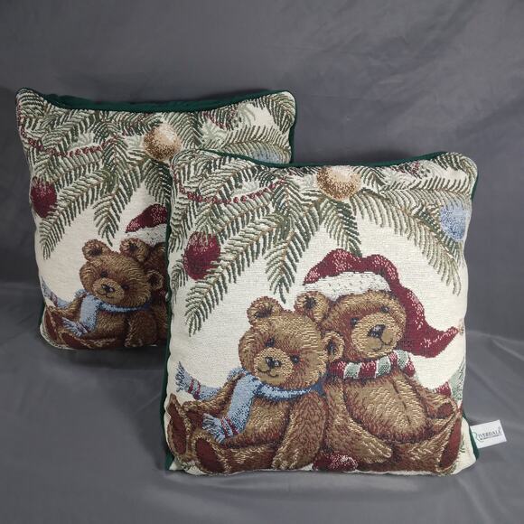 2 Riverdale Tapestry Throw Pillows 15" x 15" Teddy Bear Christmas Home Decor - Picture 1 of 10
